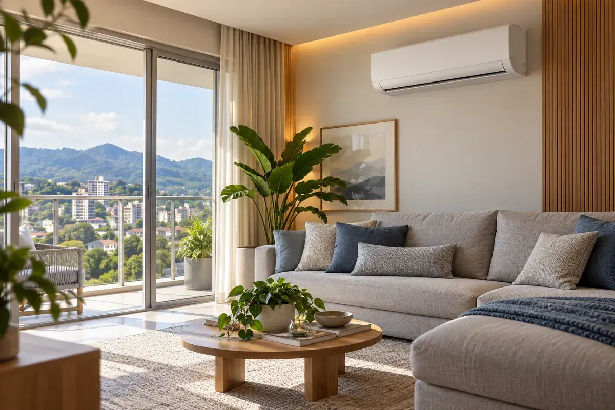 Ambiente residencial com ar condicionado split, ilustrando conforto térmico