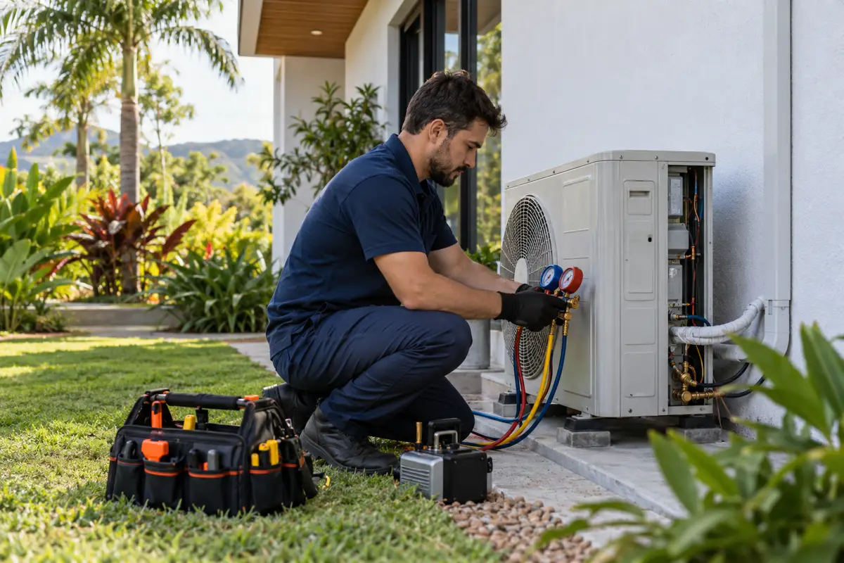 Profissional avaliando um equipamento de climatização em ambiente residencial, imagem ilustrativa